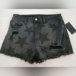 Material Womens Denim Shorts Charcoal Wash Stars Distressed Cut-Off.  ‎ Size  1